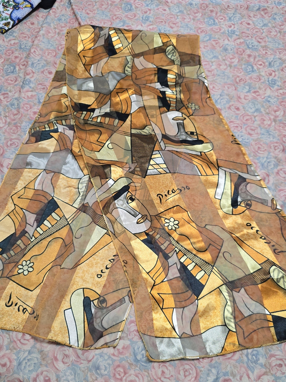 Abstract Cubist Print Scarf in Gold and Orange